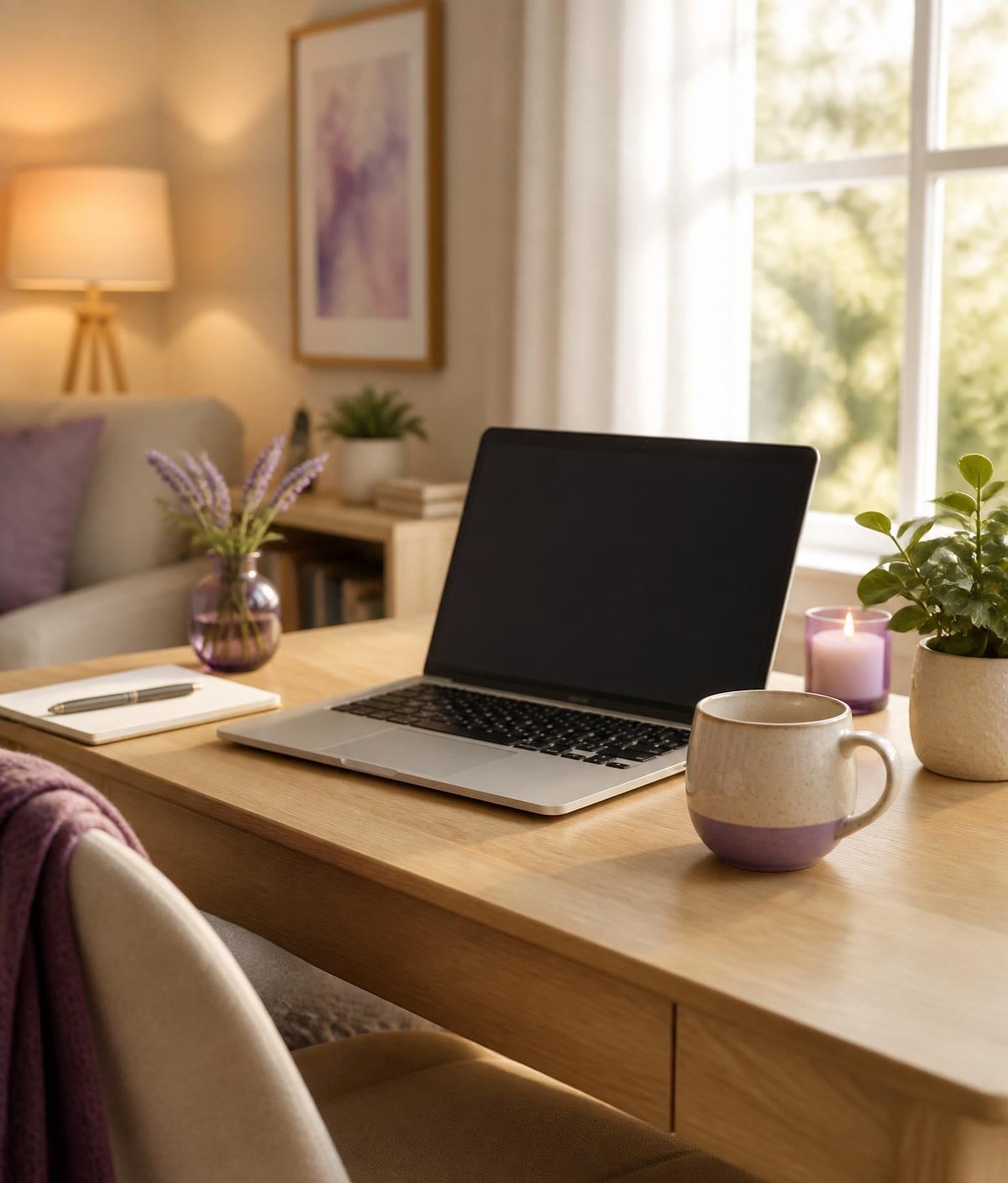 A calm, sunlit home desk set up for a telehealth psychiatric visit